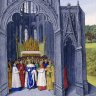 Clovis II (635 - 657), fils de Dagobert, exempte l'Abbaye de Saint-Denis des privilèges épiscopaux -enluminure par Jean Fouquet (Les Grandes Chroniques de France vers 1455-1460 siècle -bnf)